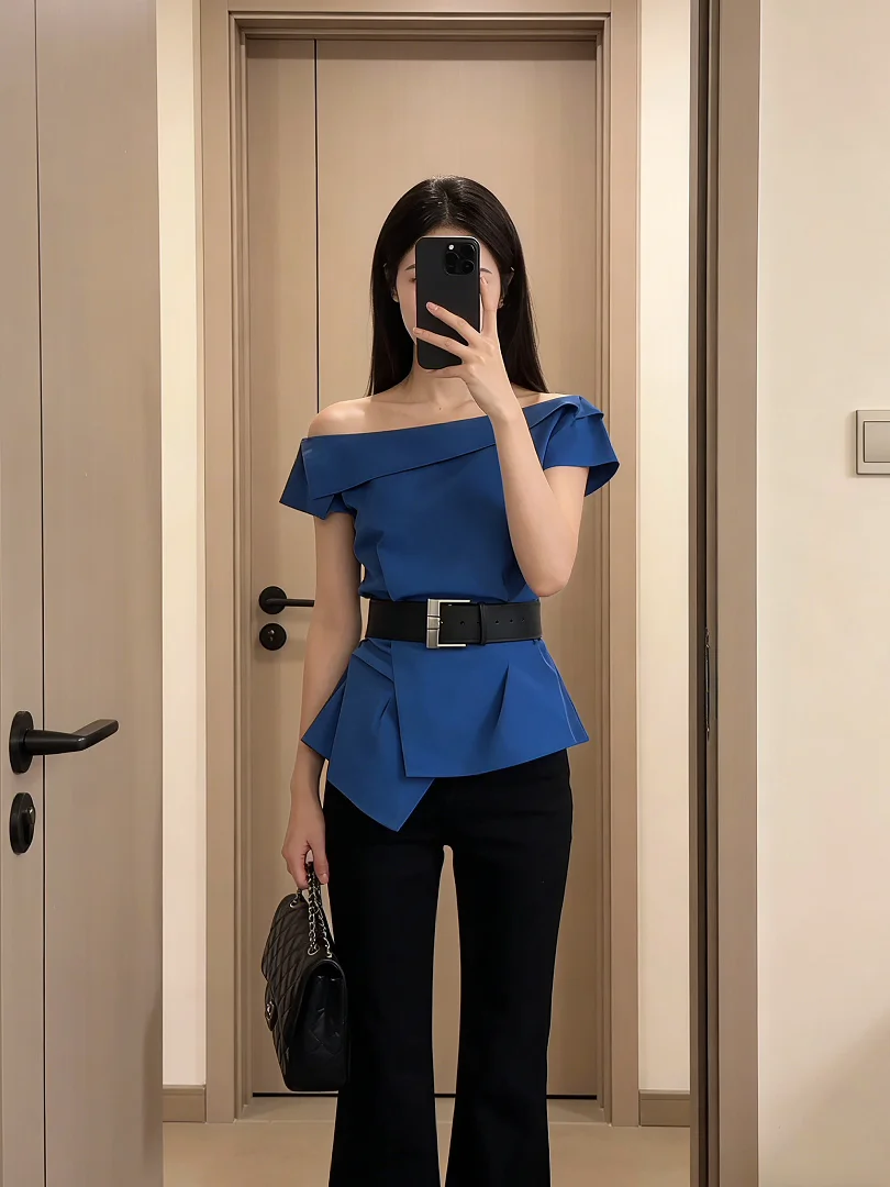 

Stunning One-Shoulder Waist-Cinching Shoulder Bared Set Women's Blue High-End Feeling Elegance Design Two-Piece Set Fashionable