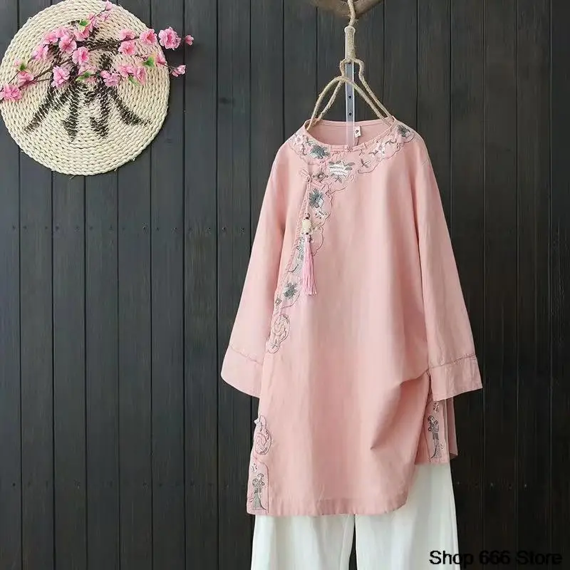 New Cotton Hemp Female Robe Traditional Chinese Retro Women\'s Top Artistic Embroidery Skirt Shirt Hanfu Tang Suit Party Dress