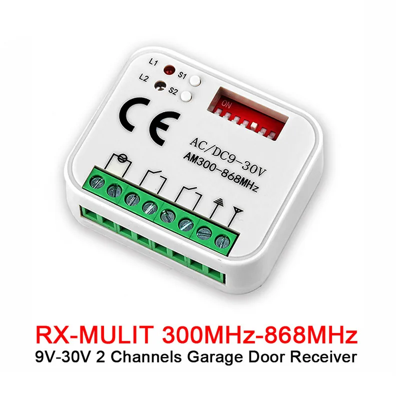 

RX-MULIT Garage Door / Gate Remote Control Receiver AC DC 9-30V 300-868MHz Garage Door Opener Relay Module 2CH Transmitter