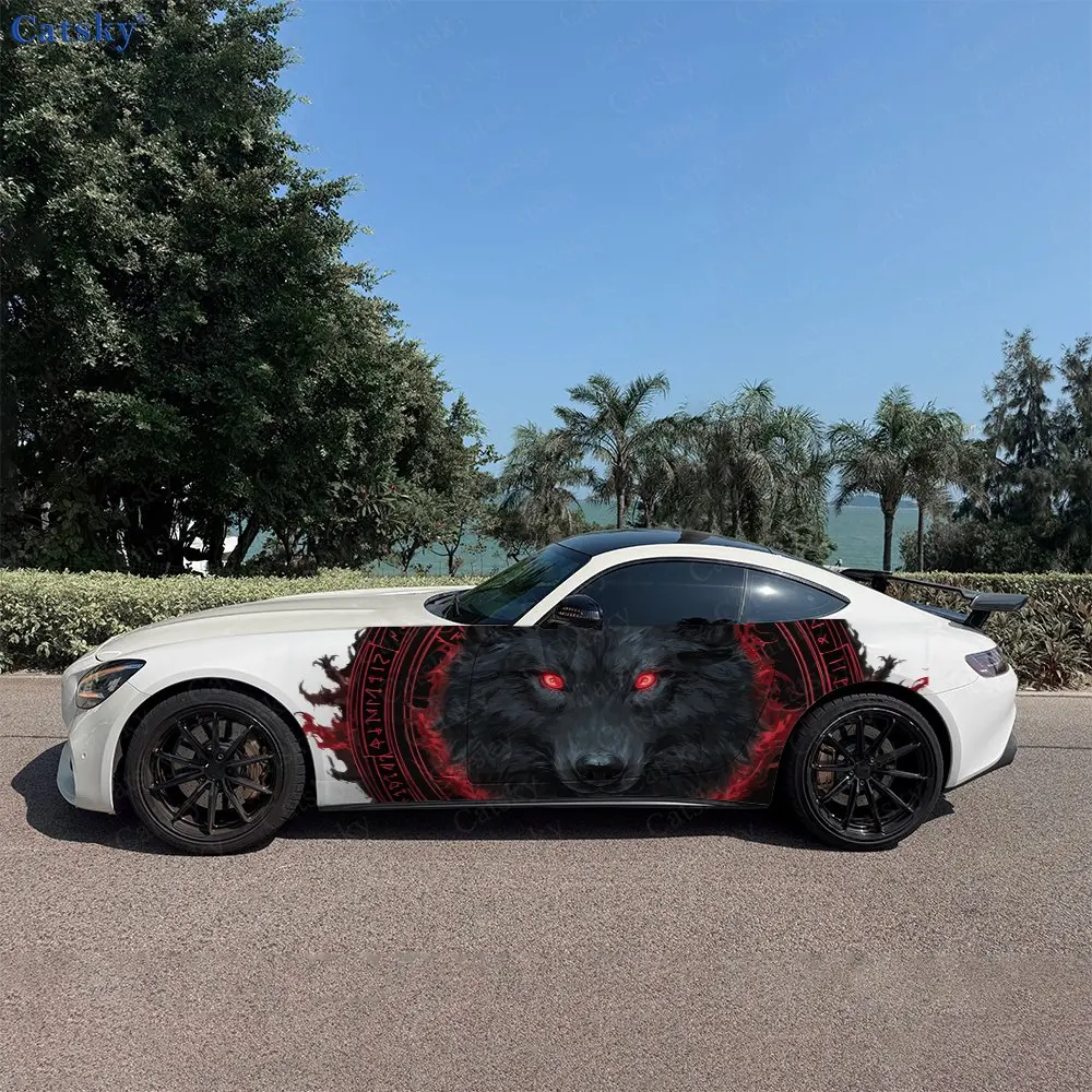 2pcs Red Rune Red-Eyed Black Wolf Car Side Wraps, Self-Adhesive PVC Waterproof & Scratch-Resistant Stickers, Car Accessory Gift