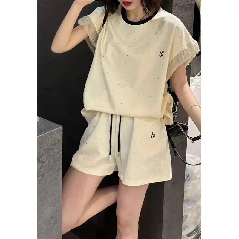 

Femme, летние корейские модные трендовые принты, однотонные топы с круглым вырезом и короткими рукавами, брюки, модный хлопковый комплект из двух предметов с карманами