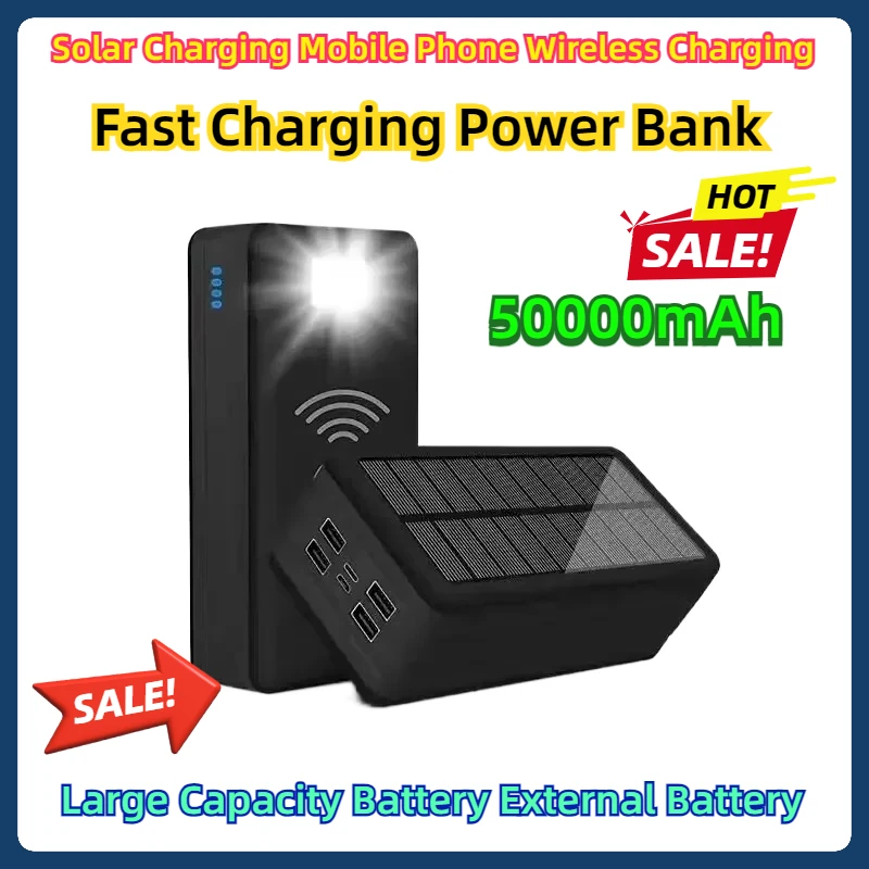 Solar Charging Mobile Phone Wireless Charging Large Capacity Battery External Battery Fast Charging Power Bank 50000mAh