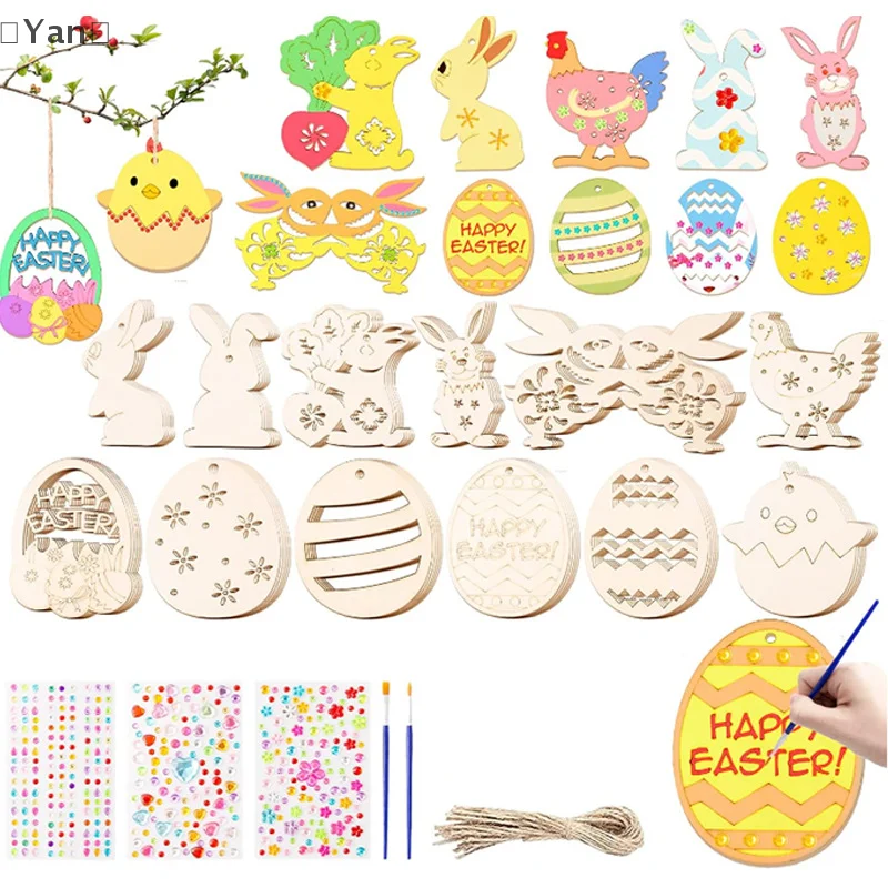 〔Yan〕12 Pack Wooden Easter Egg Rabbit Craft Kit For Kids Make You Own Easter Egg Rabbit Easter Rabbit Egg Hanging Ornaments