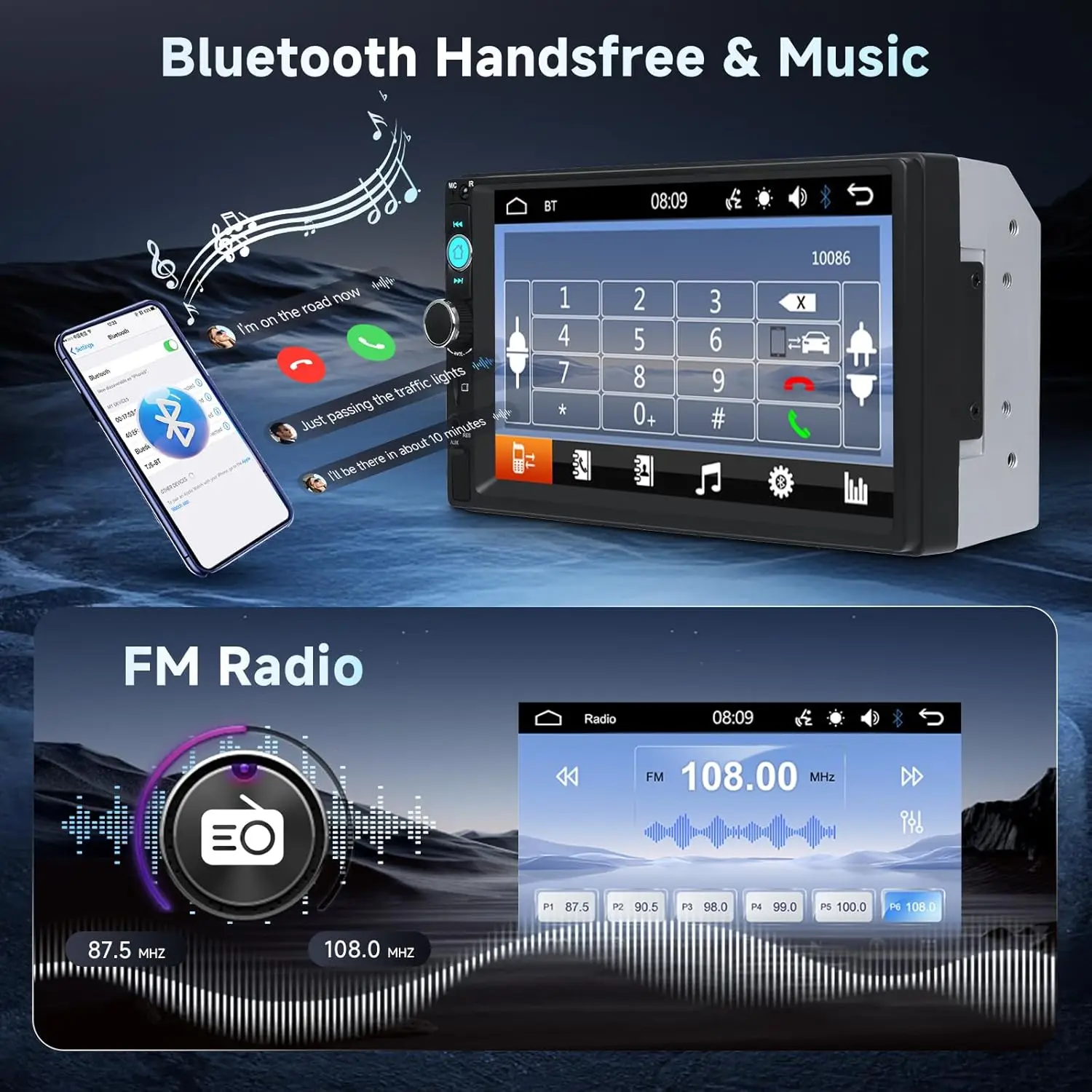Estéreo para carro duplo Din de 7 polegadas com Bluetooth, tela sensível ao toque, MirrorLink, FM, USB/TF/AUX, câmera reversa e microfone