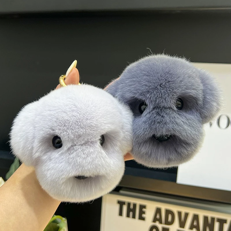 Plush Cute White Dog Head Real Rex Rabbit Fur Keychain Women HandBag Pendant Puppy Toy Car Key Trinkets Jewelry Metal Ring Gift
