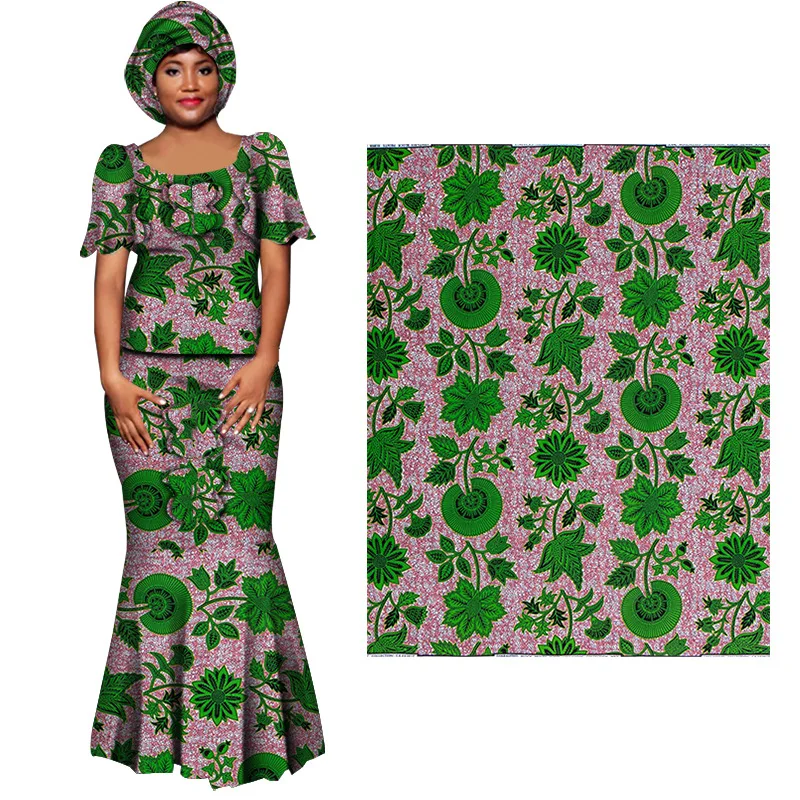 Ankara African Prints Cotton Fabric Green Plant Real Wax Dress Sewing Tissu Craft DIY Textile Material for Wedding 6Yards