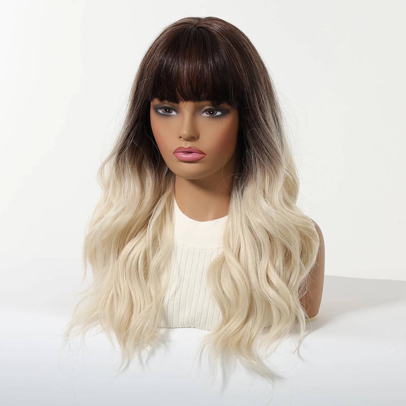 Allbell Magique Fashion Dark Brown To Beige Synthetic Wigs  For Women Party Cosplay Natural Wavy Fake Hair Heat Resistant Fiber