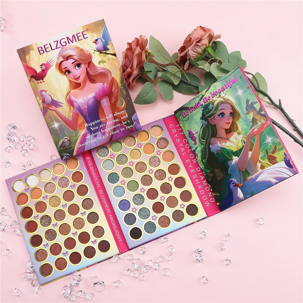 BELZGMEE 117 Colors 4 Pages Pretty Princess Matte Eye Shadow Palette Book Highlight Contour Blush Eyeshadow Professional Makeup