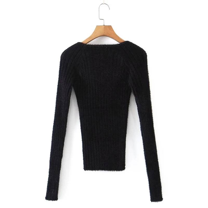 YENKYE New Autumn Women Fashion Hollow Out Black Knit Sweater V Neck Long Sleeves Female Chic Lady Tops