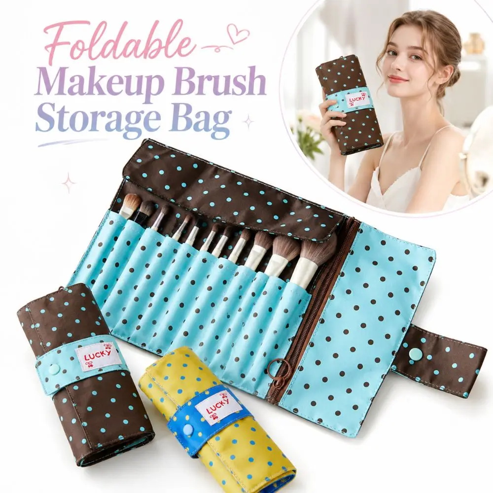 Stylish Polka Dot Makeup Brush Storage Bag Canvas Multipurpose Makeup Tool Bag Portable 10 Slots Makeup Bag Multipurpose