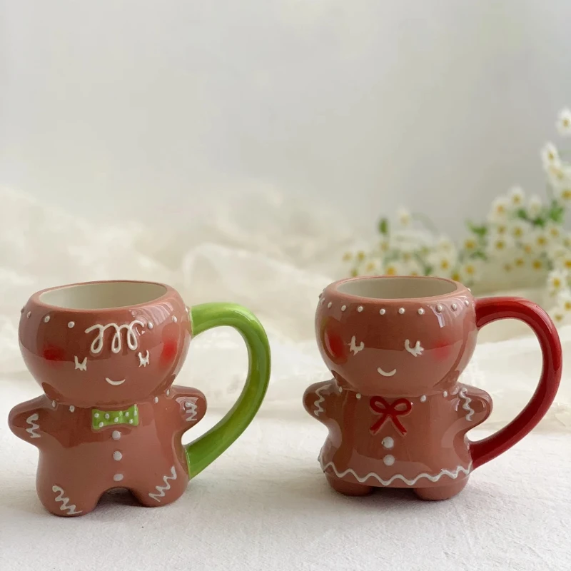 

Cute to foul Pure hand drawn underglaze gingerbread man shape boy girl mug couple mug kids mug