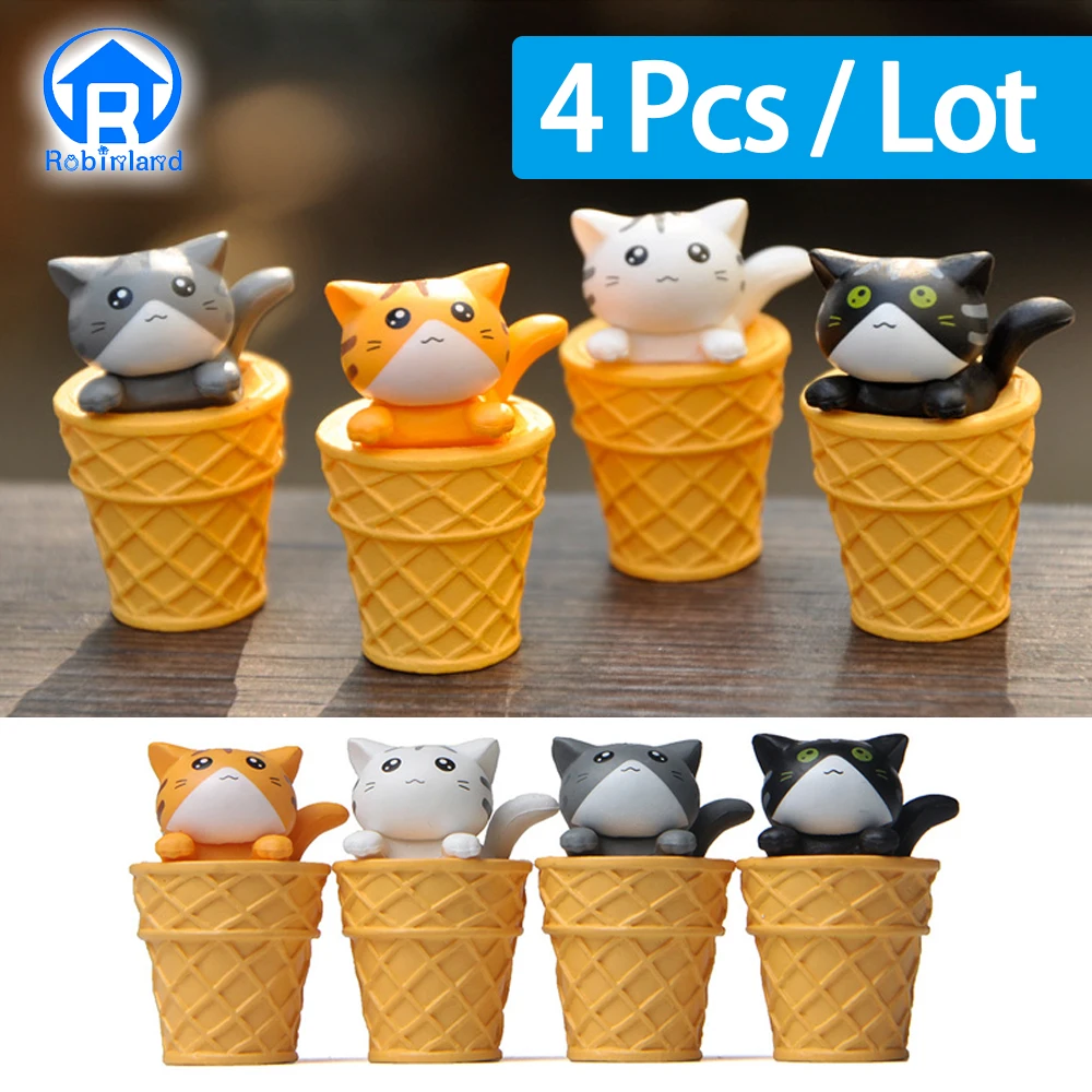 Cute Ice Cream Cat Ornament Garden Kitten Statue Gift for Kids Children Baby Room Decoration Toy Miniature Figurines Home Decor