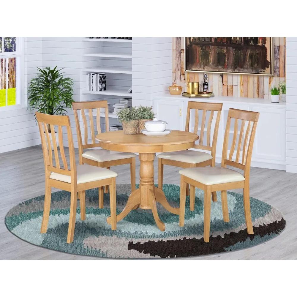 5 Piece Room Furniture Set Includes a Round Kitchen Table with Pedestal and 4 Faux Leather Upholstered Dining Chairs,36x36 Inch