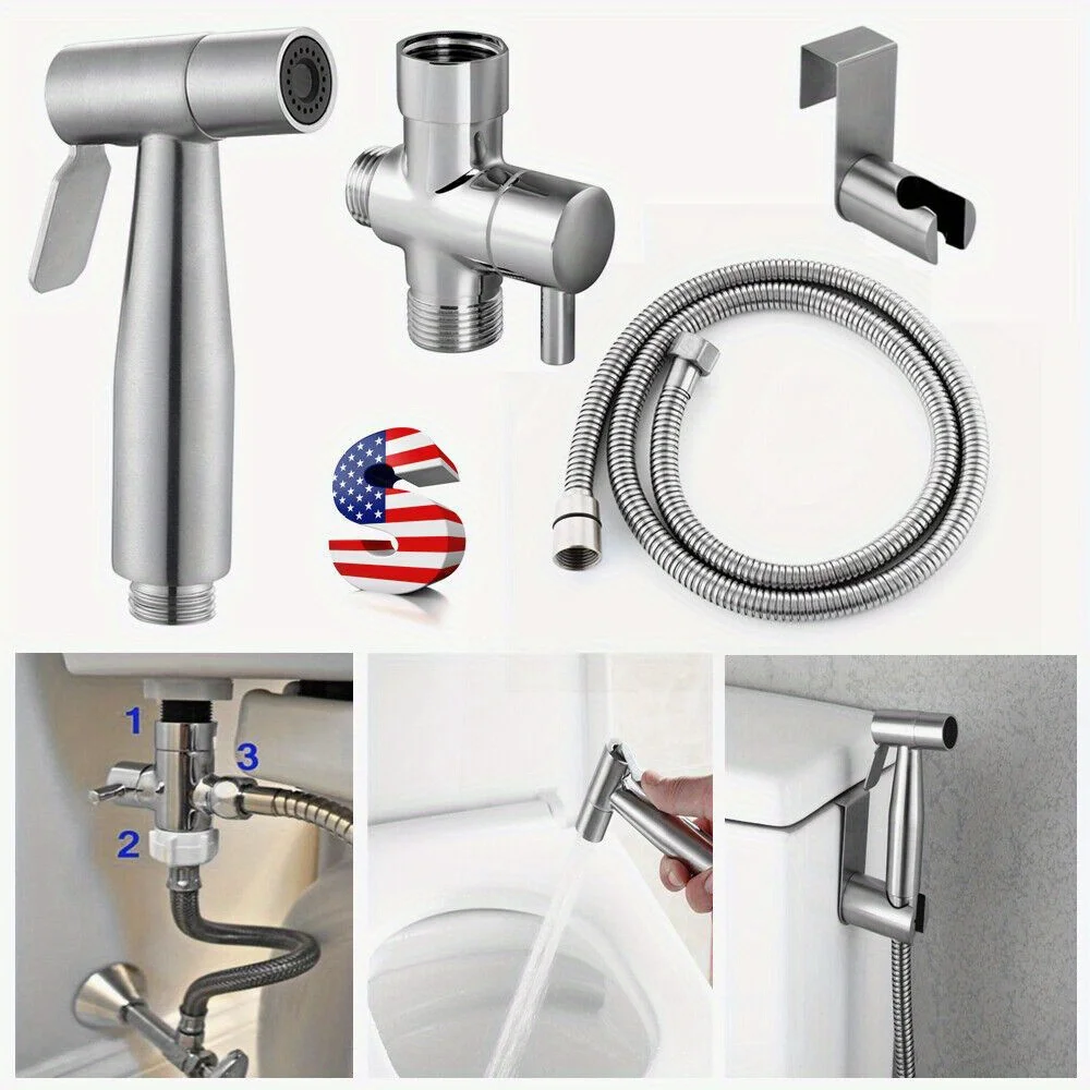 Premium Stainless Steel Bidet Sprayer Shattaf Bathroom Toilet T-Adapter Hose Kit