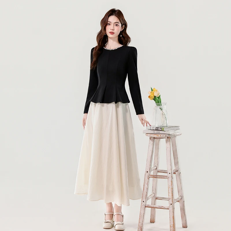 Autumn French Elegant High-end 2 Piece Set Women's O-Neck Beaded Top + Apricot Color Long Skirt Casual Chic Minimalist Outfit