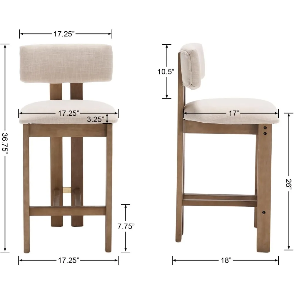 เก้าอี้เคาน์เตอร์ 26” ชุดเก้าอี้บาร์สูงเคาน์เตอร์ 2 ตัวพร้อมพนักพิงและขาไม้เนื้อแข็ง หุ้มผ้าลินินบ้านไร่สไตล์โมเดิร์น