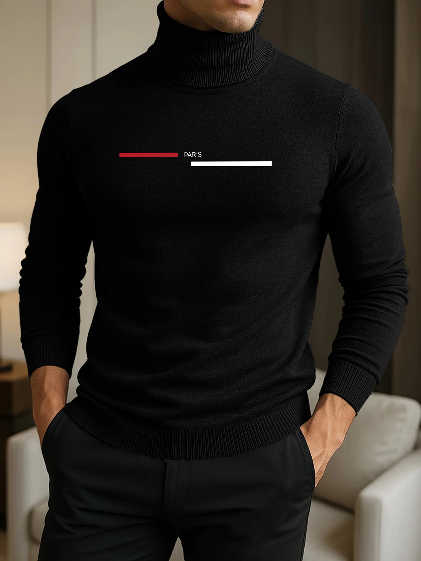 Herren Slim Fit Rollkragenpullover, Minimalistischer Paris-Linien-Brustdruck, Warmer Langarm-Pullover für Herbst und Winter, Business-Casual-Jumper – Detail 6