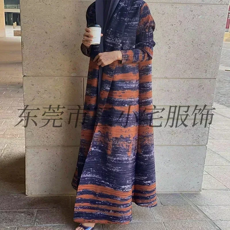 GGHK Pleated 2024 Spring and Autumn New Women Large Size Trench Dress Retro Printed Cardigan Design Female Luxury Abaya