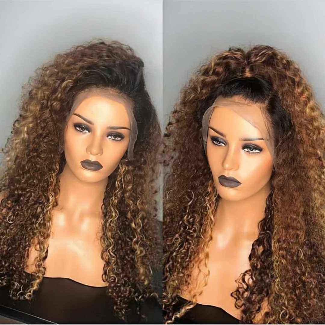 

Ombre Коричневый Кудрявый Вьющийся Мягкий 180 Плотность 26 дюймов Предварительно Сорванный Парик Длинных Волос Для Женщин Парик Натуральных Волос С Афро Детскими Волосами