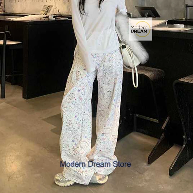 American high street design graffiti printed straight pants female summer fashion temperament niche casual loose wide-leg pants.