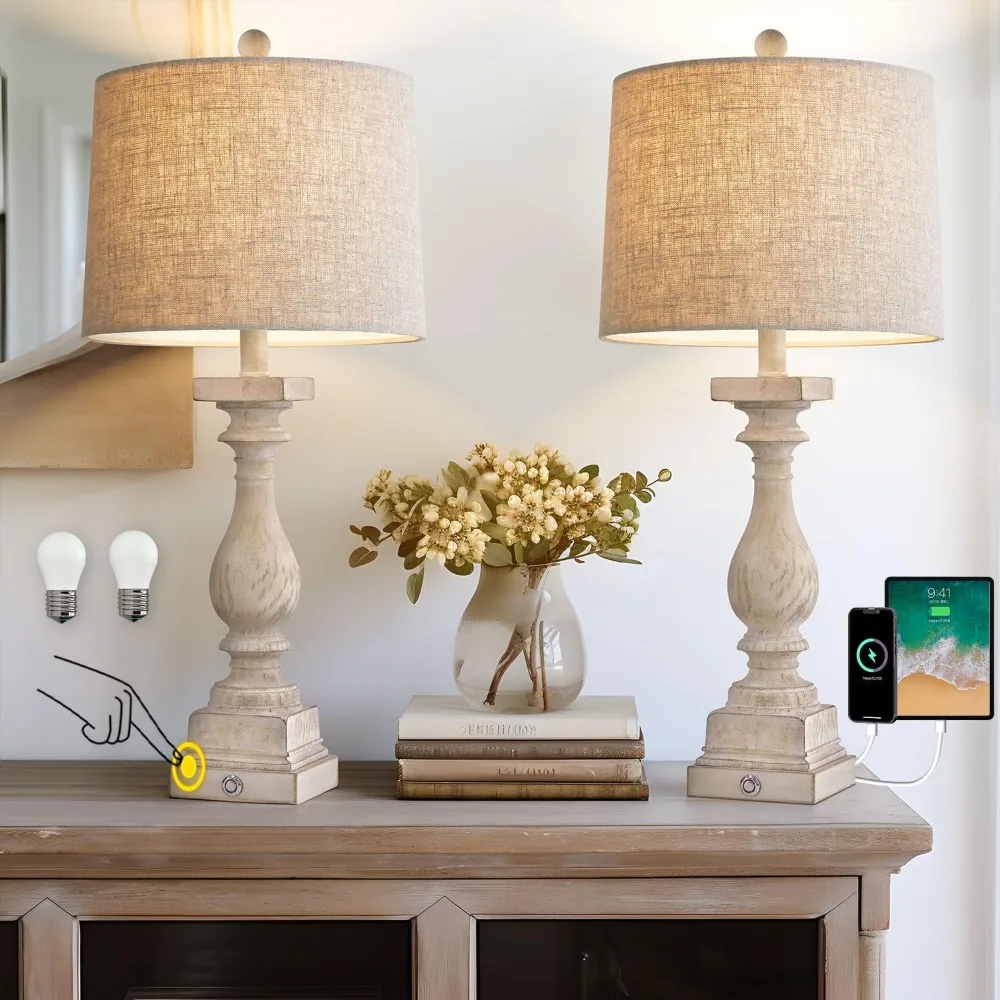 

Farmhouse 3-Way Dimmable Touch Control Table Lamp Set of 2 with USB A &USB C Charging Ports