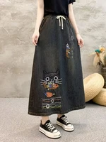 Amax luluE 2024 Cartoon Embroidery Spring Females Denim Skirts Fashion Vintage Vestidos Casual Classic Elastic Ladies Streetwear - Image 6