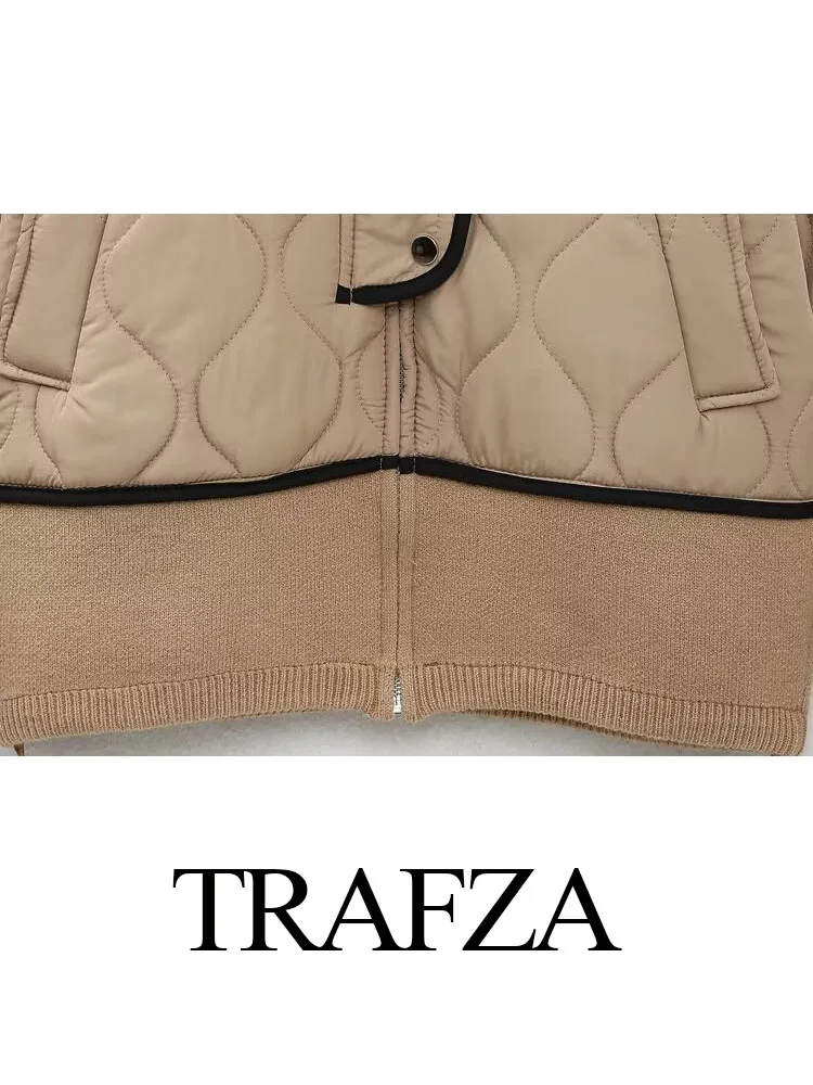 TRAFZA Women New Fashion Splicing Cotton Coat Winter Woman Buttons Zipper Pocket Decorate Sewing Jacket Warm Thick Overcoat