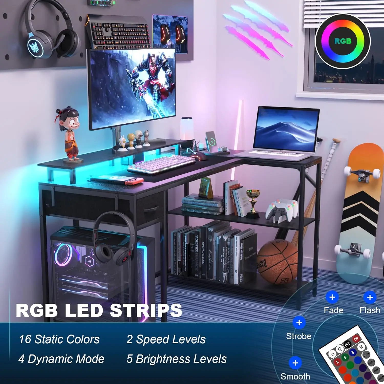L Shaped Gaming Desk with Power Outlet & LED Light, Corner Gaming Desk with Hook & Monitor Stand Computer Desk with Drawer