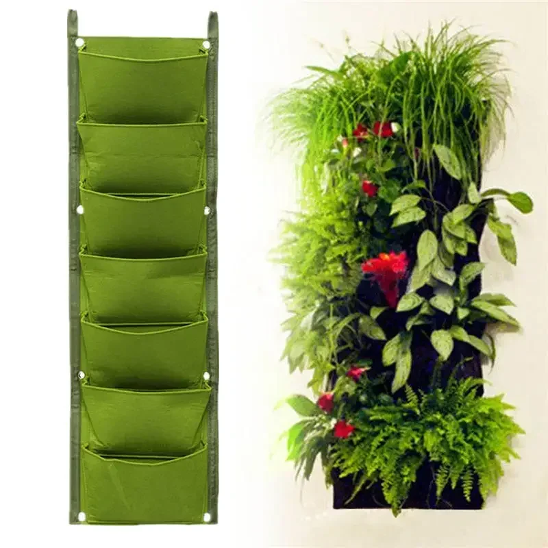 7 Pocket Planting Bag Hanging Wall Vertical Planter Non-woven Plant Pot Hanging Flower Herb Garden 30x100cm