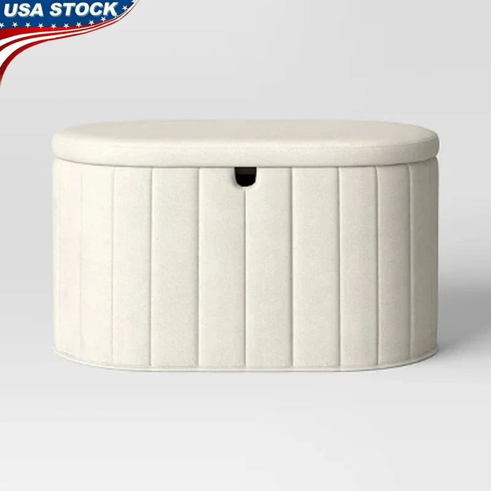 

Folding Storage Bench Oval Upholstered Wooden Frame Comfortable Seating Living Room Study Area Organize Blankets Pillows