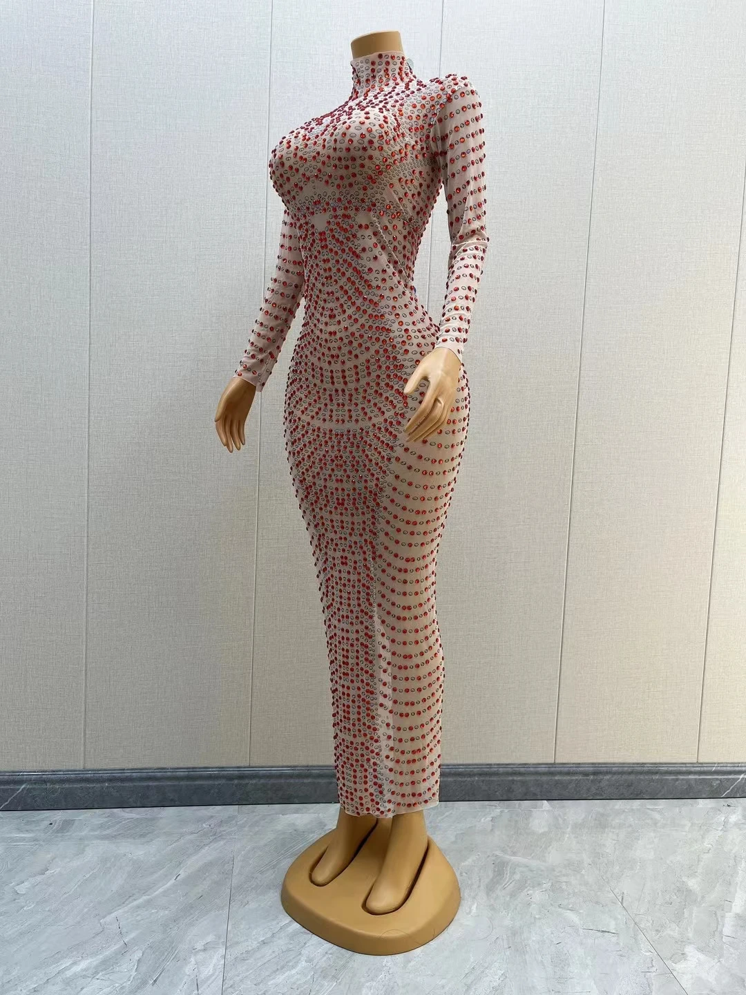 Jiazuan キラキラレッドラインストーンロングドレスセクシーな女性ウエディングクチュールフェスティバル祝うパーティーイブニングドレスタイトフィットドレス