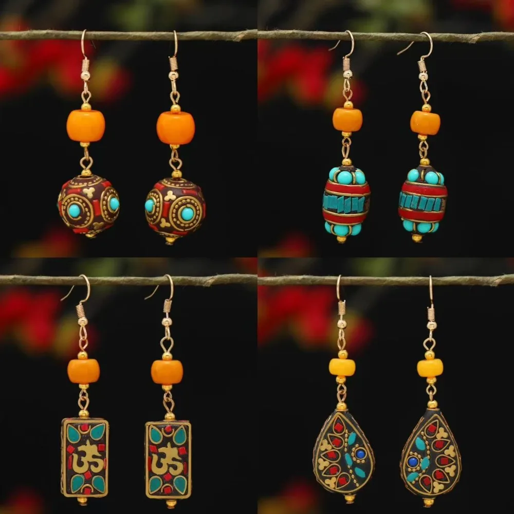 Retro Exotic Style Nepalese Earrings for Women Inlay Gem Bead Handcrafted Copper Sculpture Tibetan Ethnic Luxury Jewelry Gifts