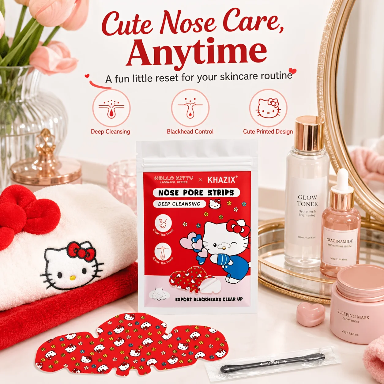 15PCS Red Hello Kitty Cartoon Nasal Patch, deeply cleans pores and gently exfoliates. Attached are 10 Cleaning tools image 5