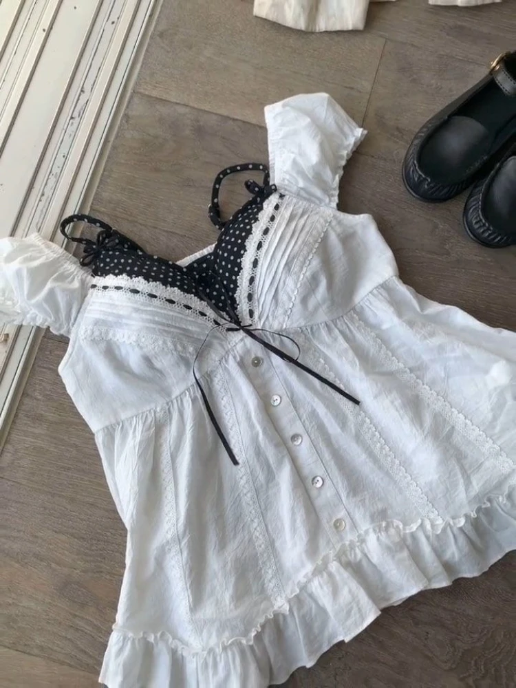 Sweet Fashion Chic Polka Dot Y2k Tops Women Summer Vintage Slim Tees Korean Style Kawaii Bow High Street Vintage Clothes 2026