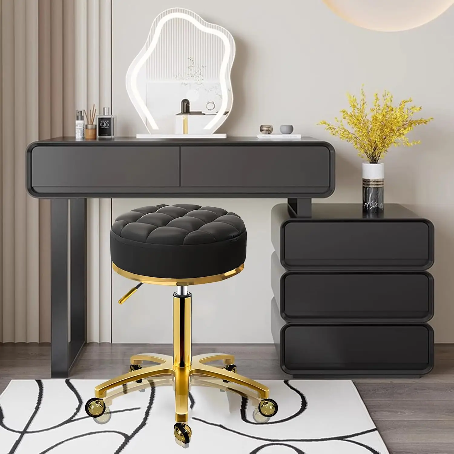 Rolling Stool Gold Swivel Salon Spa Chair Round Roller Stools With Wheels, Massage Stool Pu Leather Seat Padded, Pedicure