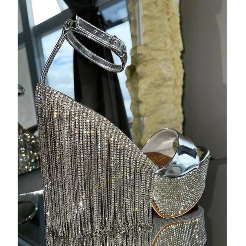 

Back Crystal Fringe Platform Sandals Silver Buckle Peep Toe Wedding Shoes for Women Thin High Heels Shoes 2023 Zapatillas Mujer