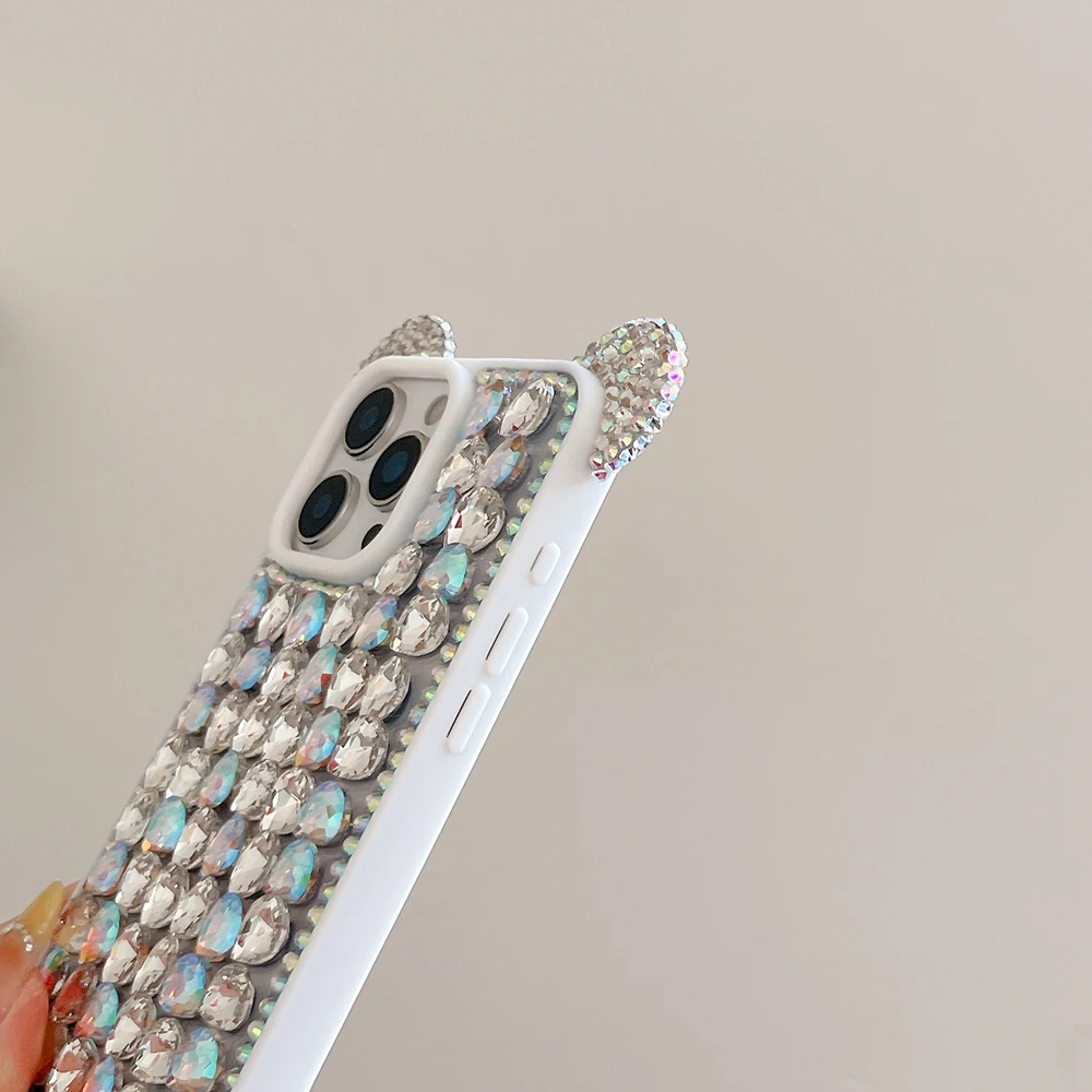 Urocze etui na telefon z uszkami 3D, zdobione diamentami, kryształkami i brokatem, do iPhone'a 17 Air 16 15 14 13 Pro Max, odporne na wstrząsy, stylowe etui na tył telefonu. — zdjęcie produktu 5