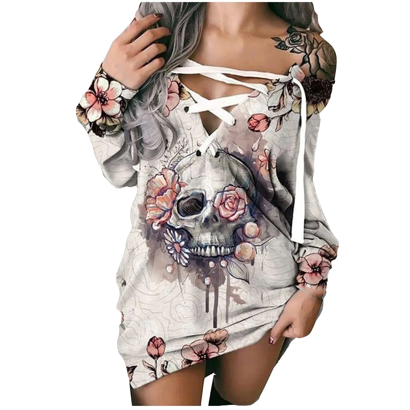 

Vintage Skull Rose Print Dress Vestidos Autumn Winter Long Sleeve Lace Up Gothic Dress Robes Femme Grunge Sweatshirt Dresses