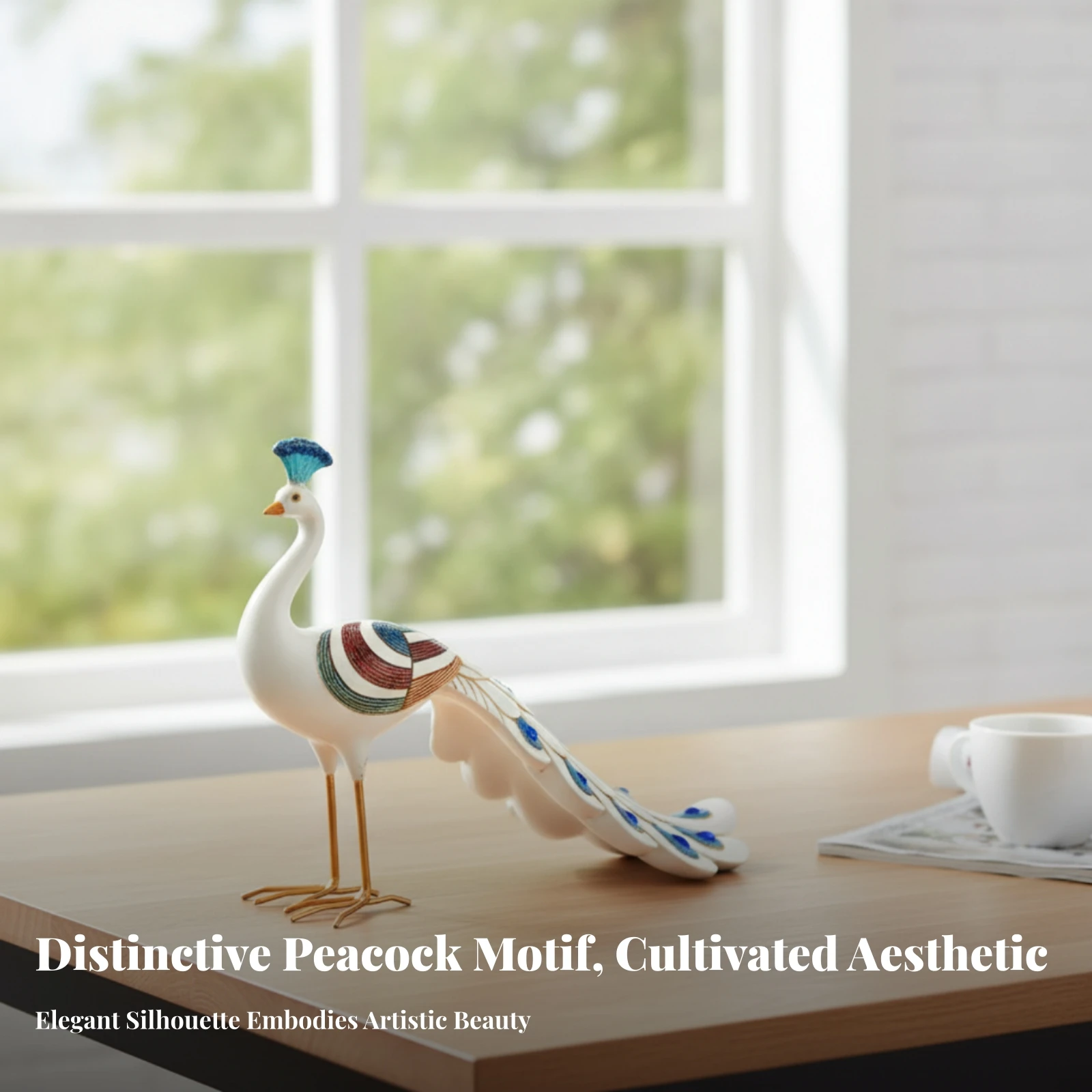 Peacock Figurine Layered Feathers Decorative Peacock Statue Orange Legs Gold Outline for Tabletop Display view 3