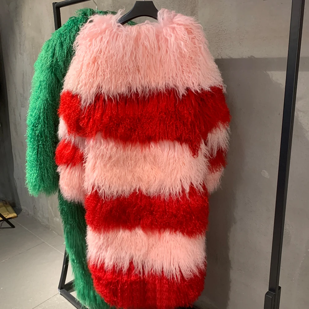 Winter Luxury Fur Coats Real Sheep Fur Coat Long Women's Red And Pink Fur Jackets