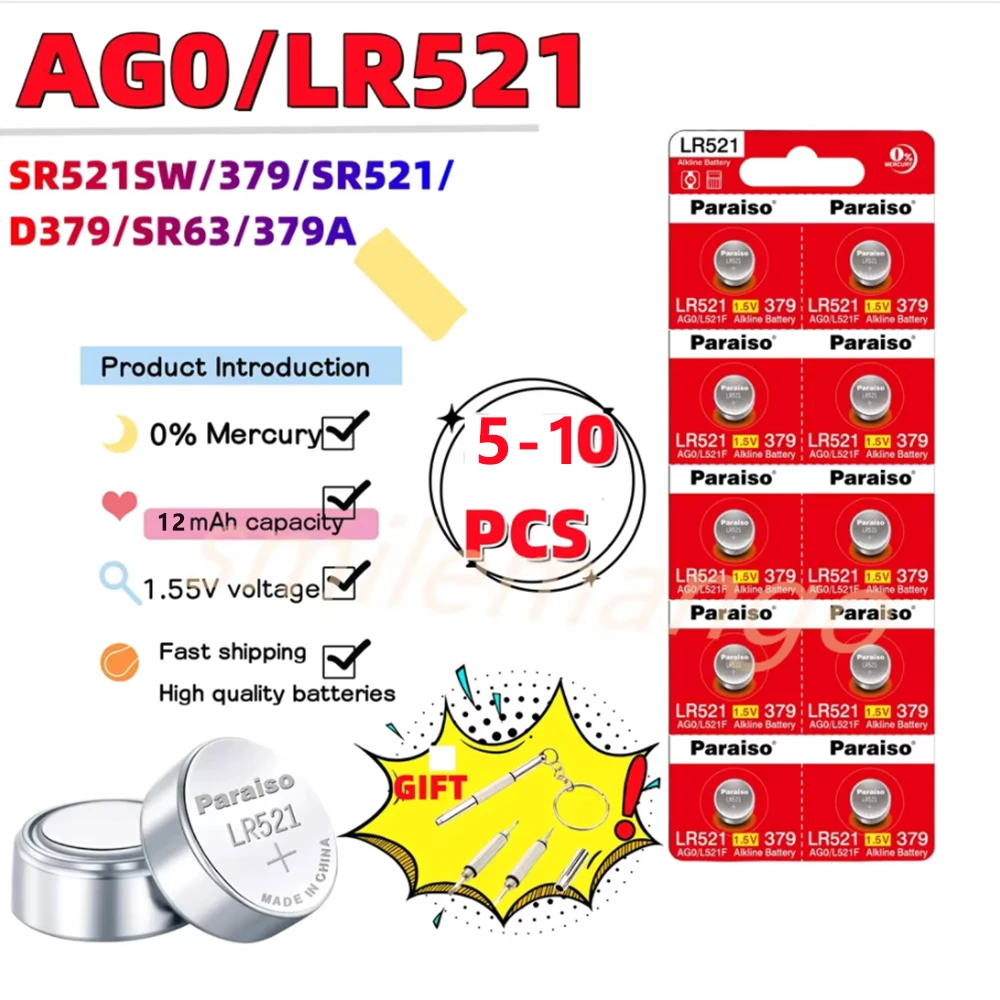 

NEW High-Capacity LR521 AG0 Button Batteries SR521SW 379A 379 179 D379 SR63 1.5V Alkaline Coin Cell Silver OxideWatch Battery