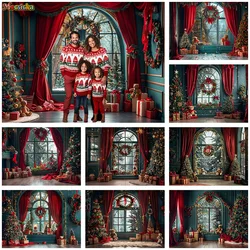 Christmas Room Window Photography Background Xmas Tree Gift Decor Red Curtains Green Wall Backdrop Family Winter Photo Studio