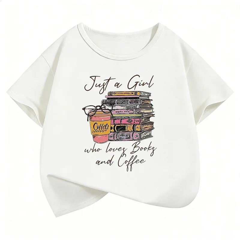 Just A Girl Who Love Book and Coffee Printed T Shirts Kids Children's T-shirt Boys Girls Summer Spring Casual Top Tee Shirt