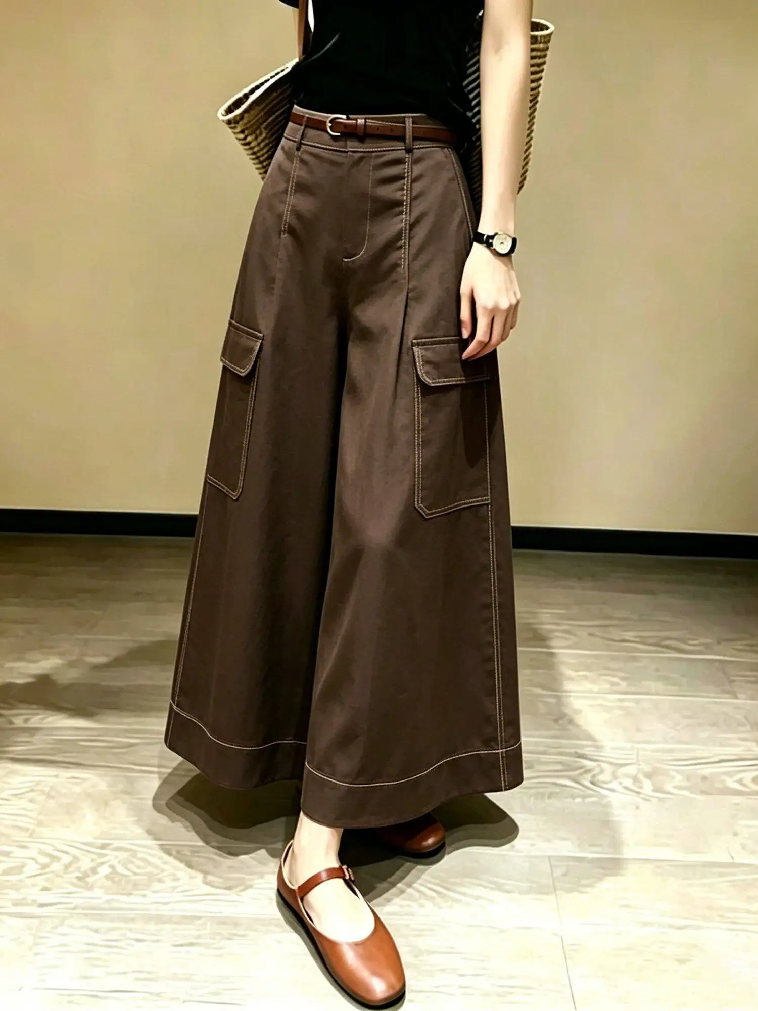 Vintage Coffee Brown Wide Leg Culottes For Women High Waist Belt Pockets Contrast Stitching Loose Ankle Length Workwear Trousers