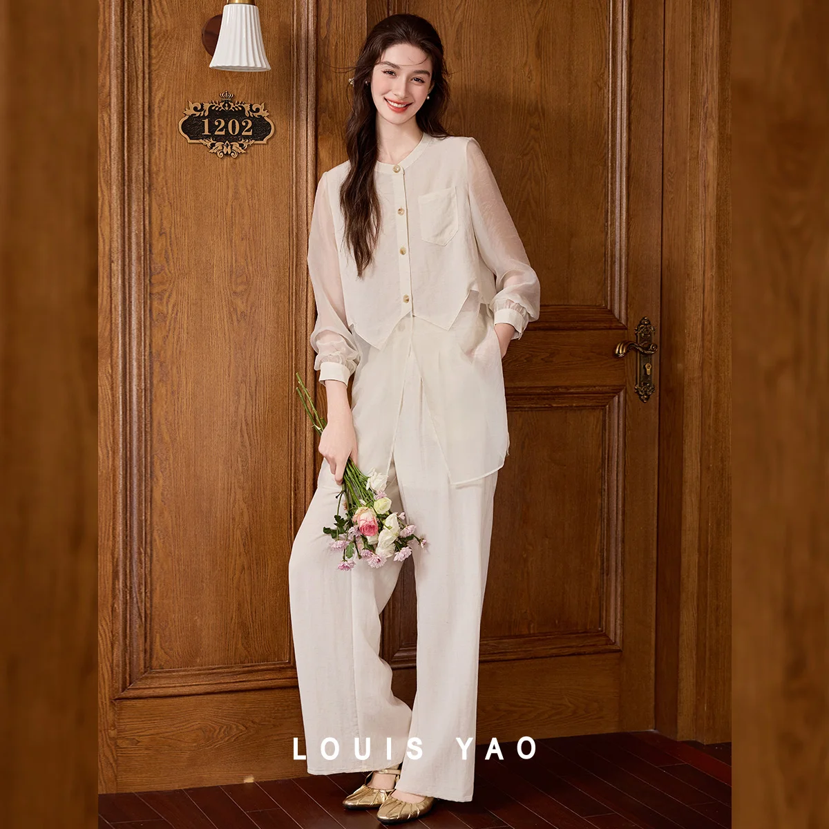 

LOUIS YAO Women's Set 2026 Spring/Autumn Lyocell Blend Glossy Draping Commuting 2-Piece Set Mid-Length Cardigan & Pant