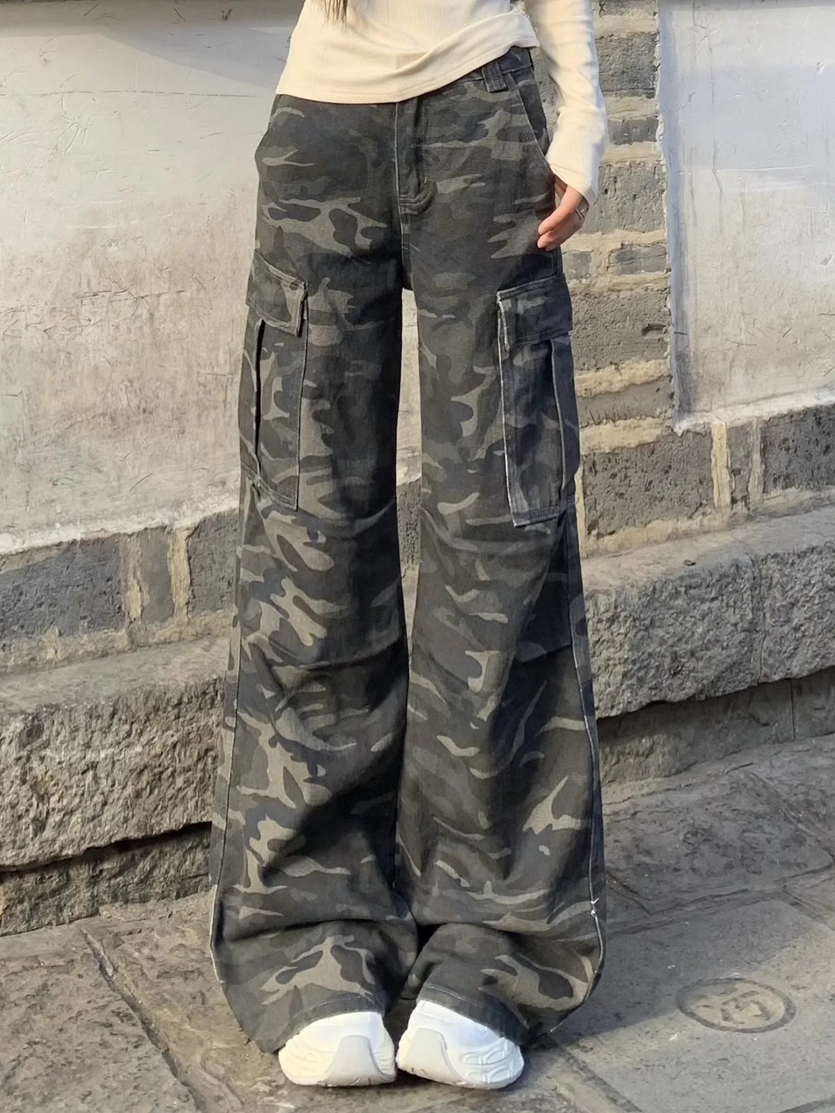 jeans y2k street camouflage cargo pants woman low waisted multi pocket button straight leg cargo pants hip hop women loose jeans