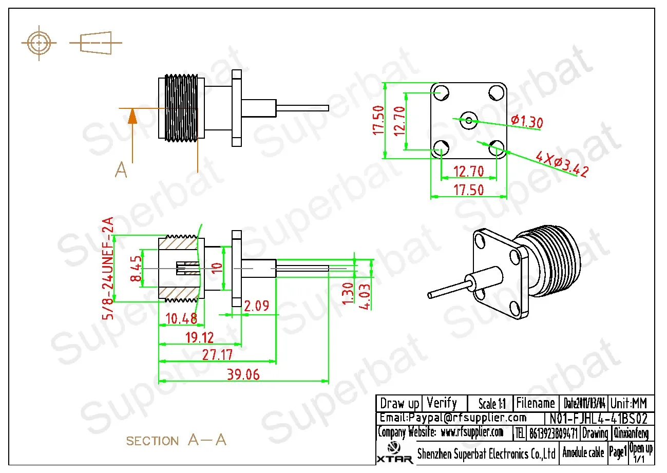 Superbat 10 Uds tipo N 4 orificios montaje en Panel hembra con poste de soldadura 8mm longitud extendida conectores coaxiales RF para componentes electrónicos