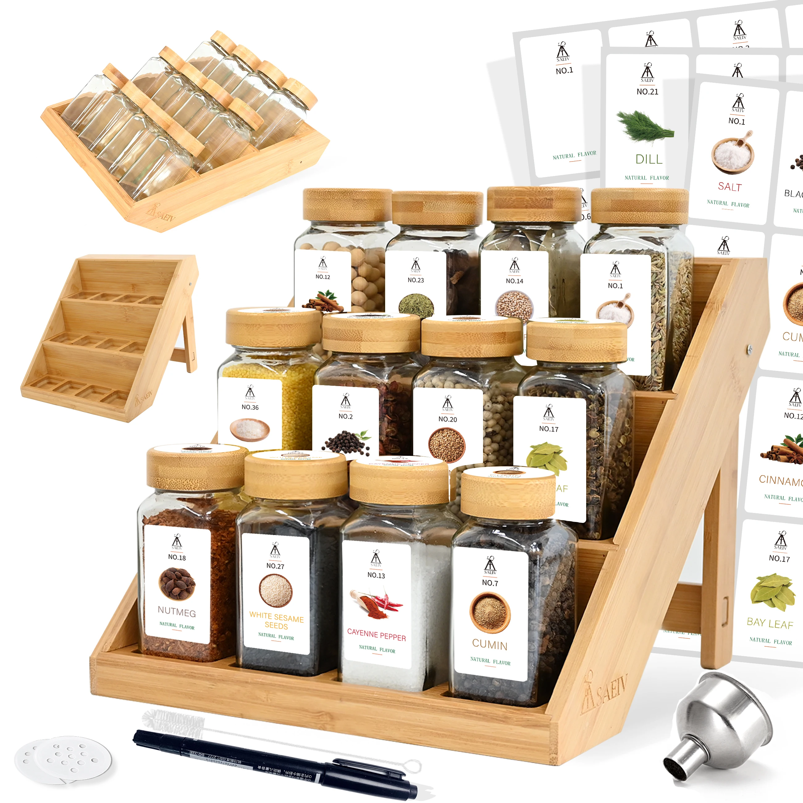 12/21 quadratische 120-ml-Gewürzgläser mit 2-in-1-Bambusholzregal (Fcm). ® ), 120 Etiketten für Halter und Schubladen, ohne Bpa