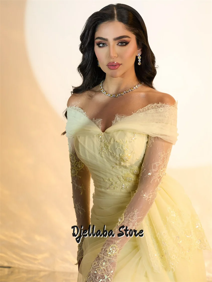 

Elegant New Yellow Luxurious Women's Evening Dresses Long Sleeves 2025 Dubai Floor -Length Party Gown Vestideos Customized