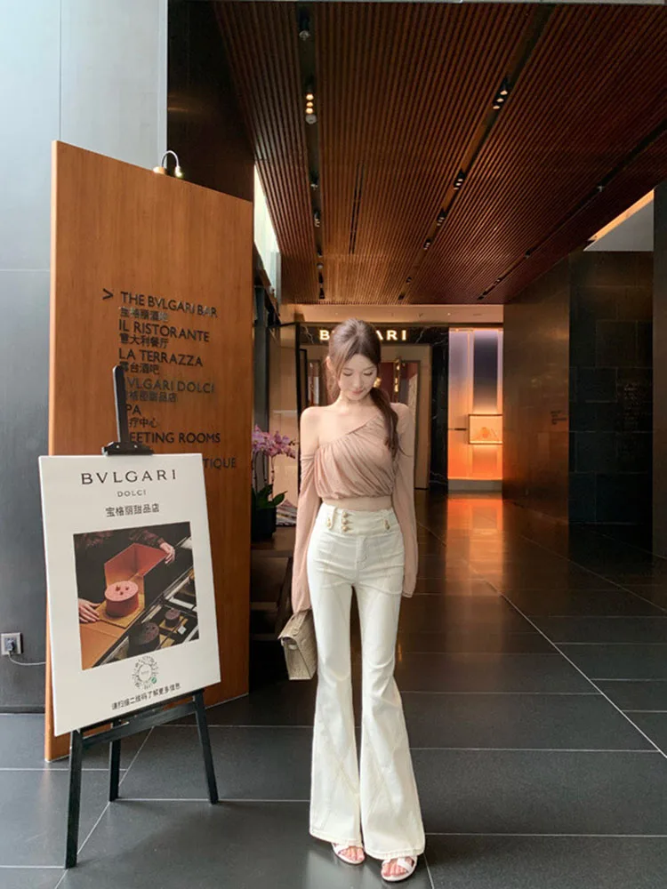 ハイウエストフレアジーンズ レディース ダブルバックル エラスティック フロア丈パンツ ブラック スリムフィット ストレッチパンツ セルフファブリックパッド